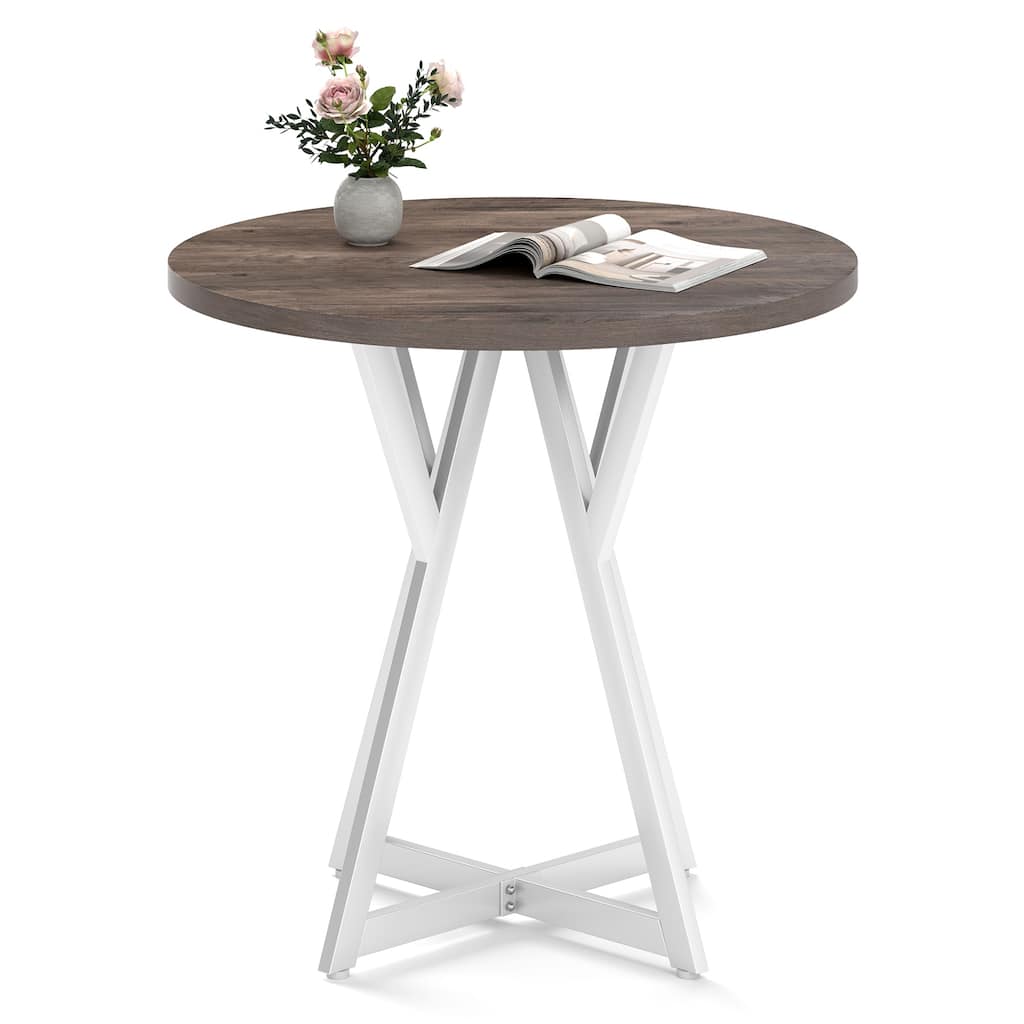 Gymax 31.5 Inch Round Dining Table for 2-4 Thick Wooden Tabletop Metal - Oak Gray, White