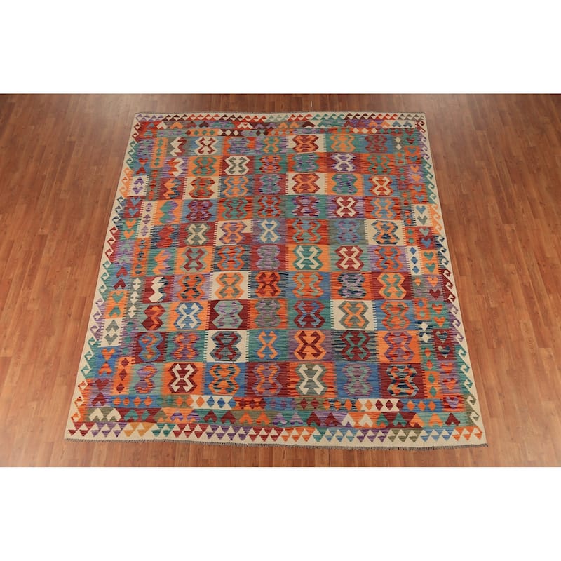 Colorful Geometric Kilim Oriental Area Rug Hand-Woven Wool Carpet - 8'5" x 9'6"