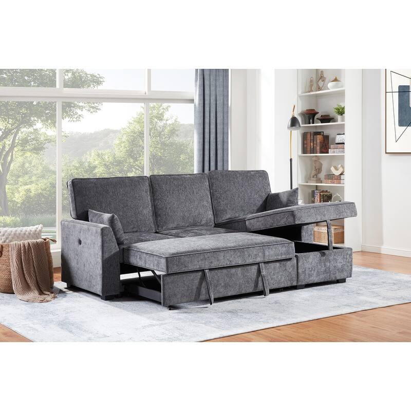 Emmy 89"W Dark Gray Fabric Sleeper Sectional Sofa with Reversible Storage Chaise, USB & USB-C Charging Ports, Cupholders