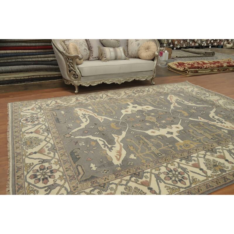 Handmade Gray Oushak Indian Area Rug Geometric Carpet - 11' 9'' X 9' 0''