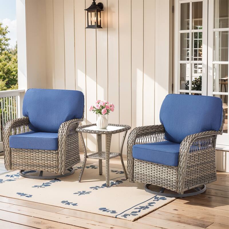 Pocassy Swivel Chair Table with Outdoor Ottoman Set. - Gray Wicker Blue Cushion - 3-Piece Swivel Chair with Side Table