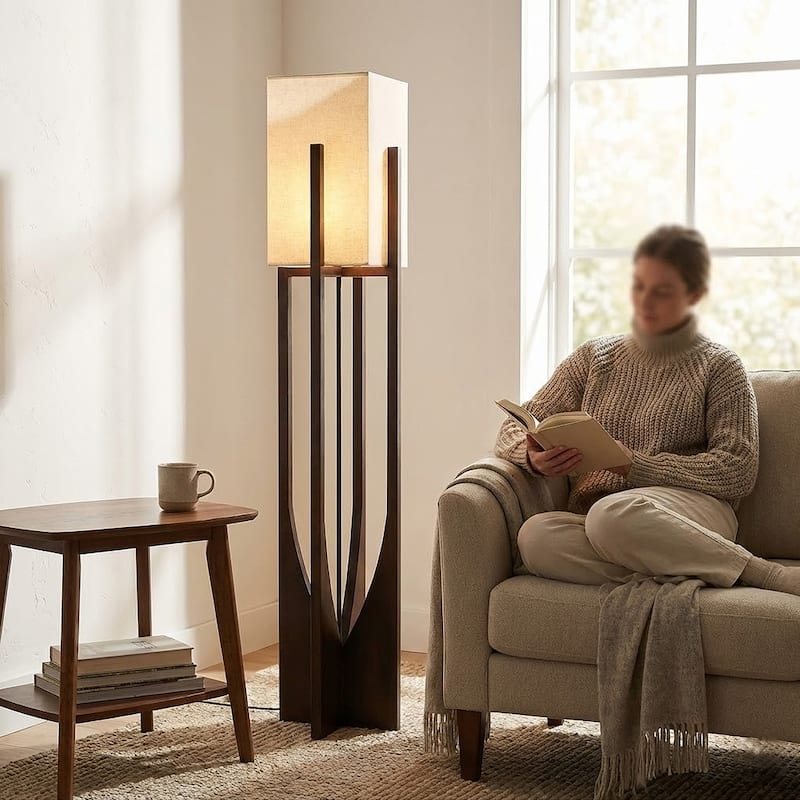 Solid Wood Modern Floor Lamp with Fabric Shade