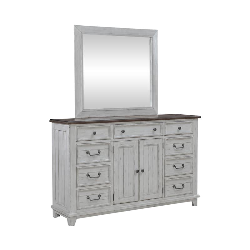 River Place Riverstone White and Tobacco Panel Bed, Dresser & Mirror Set