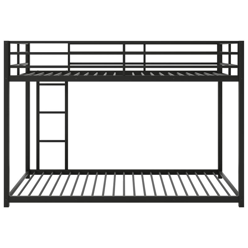 Twin/Full Size Metal Low Bunk Bed, Heavy Duty Steel Bunk Bed Frame with Built In Ladder and Guardrail