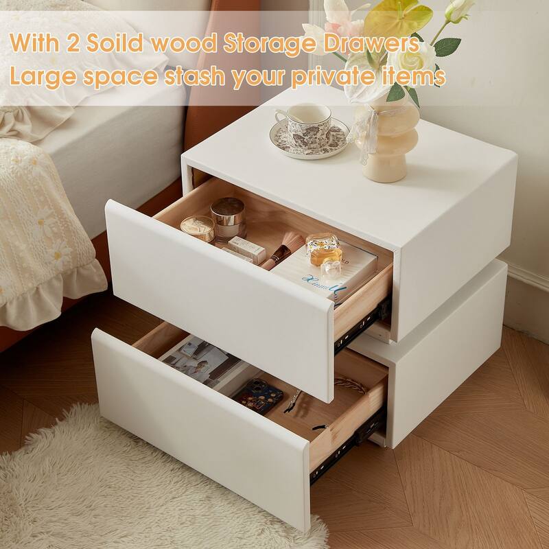 LED Light Bar Nightstand, 2 Drawer Modern Leather Wrapped Nightstand for End of Bed, Side Table, No Assembly Required - White