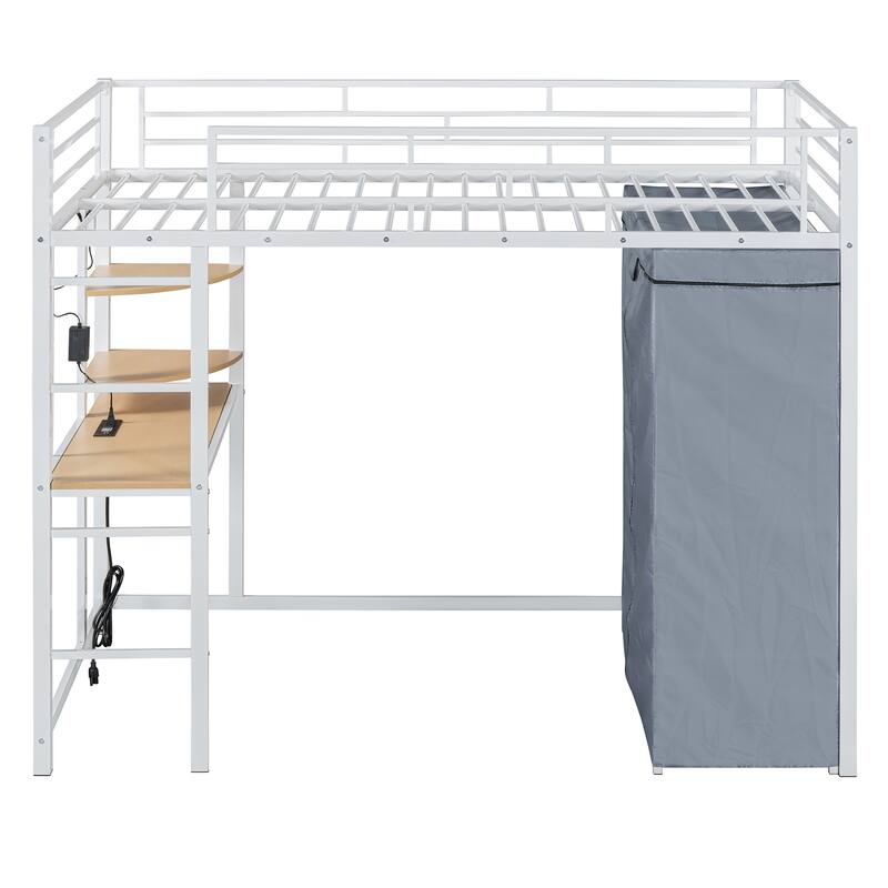 Modern Loft Bed with Desk & Wardrobe, Metal Loft Bed Frame with Shelves, USB Power Outlet, LED Light, for Kids Teens Adults