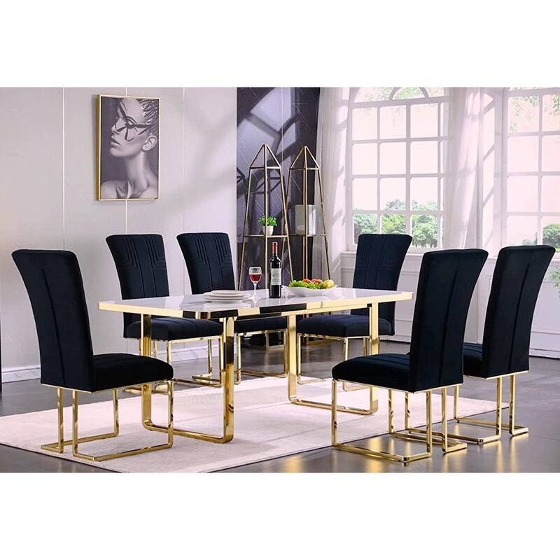 Velvet Dining Chairs with High Back and Polished Metal Legs