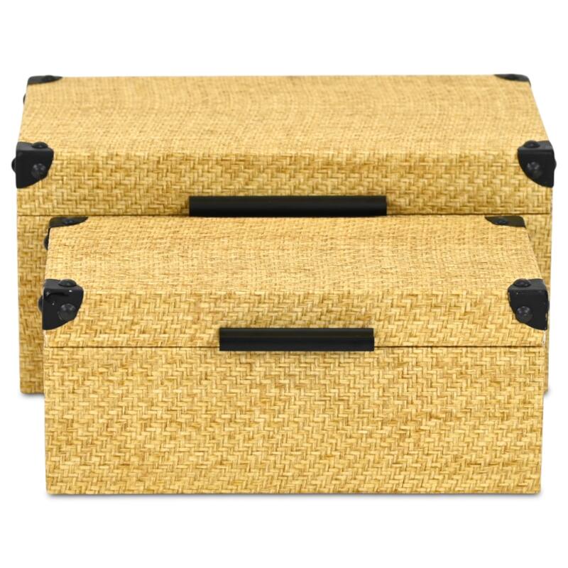 HomeRoots Set of Two Natural And Black Faux Rattan Nesting Storage Boxes With Lids