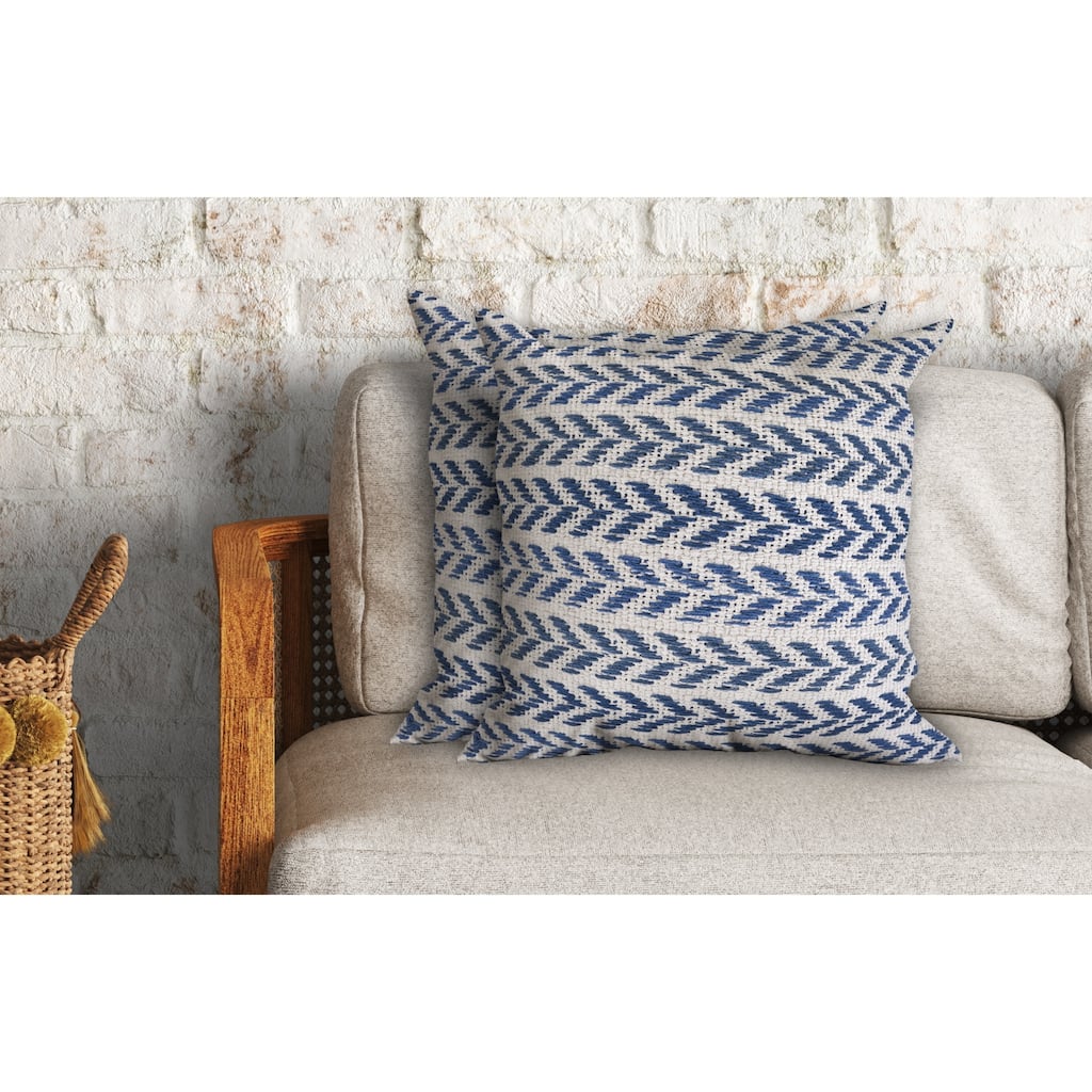Handwoven Coastal Chevron Throw Pillows - 18" - White and Blue - Set of 2