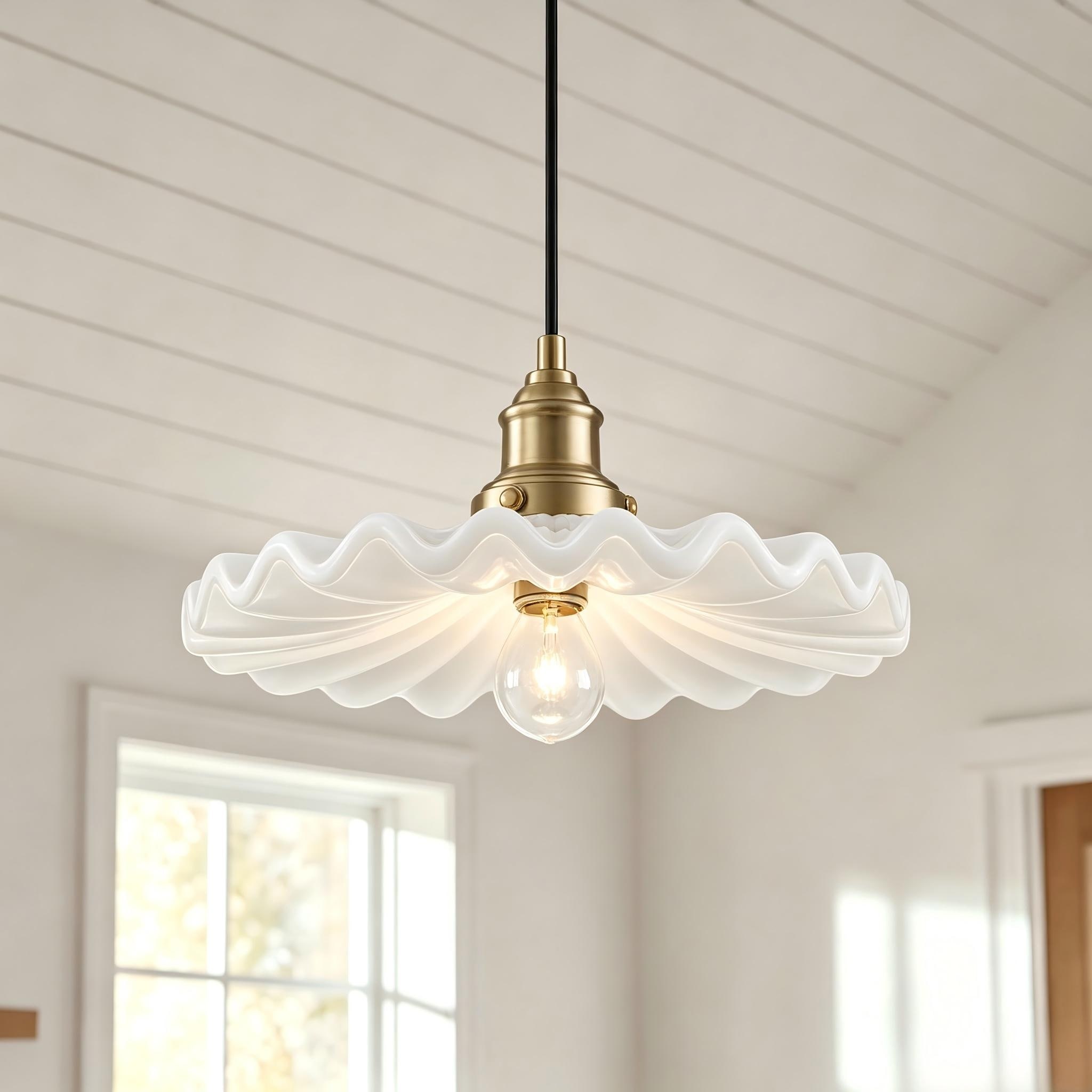 Rennnsan 1-Light Modern Ceramic Pendant Light with Milk-Glow Ruffled Shade for Dining Room - 11.8" W x 5.5" H