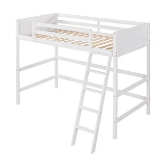 Wooden Loft Bed Twin Size, Solid Wood High Loft Bed Frame with Ladder & Safety Guardrail, Twin Kids Bed Frame for Boys Girls