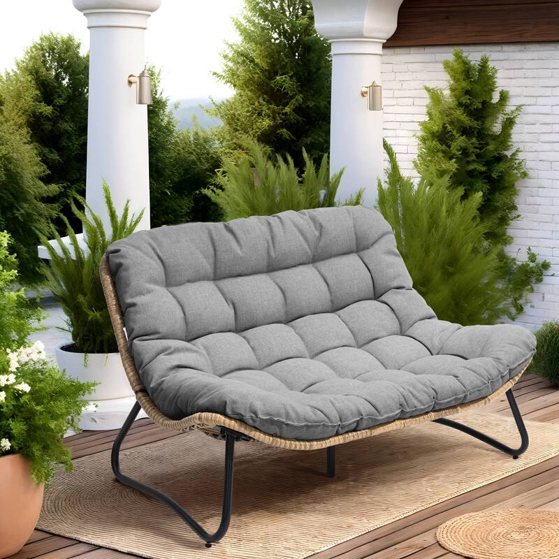 All-Weather Papasan PE Rattan Chair Single Loveseat Sets with Cushion For Indoor Outdoor - 1PC-DoublePapasanChairs - DarkGrey