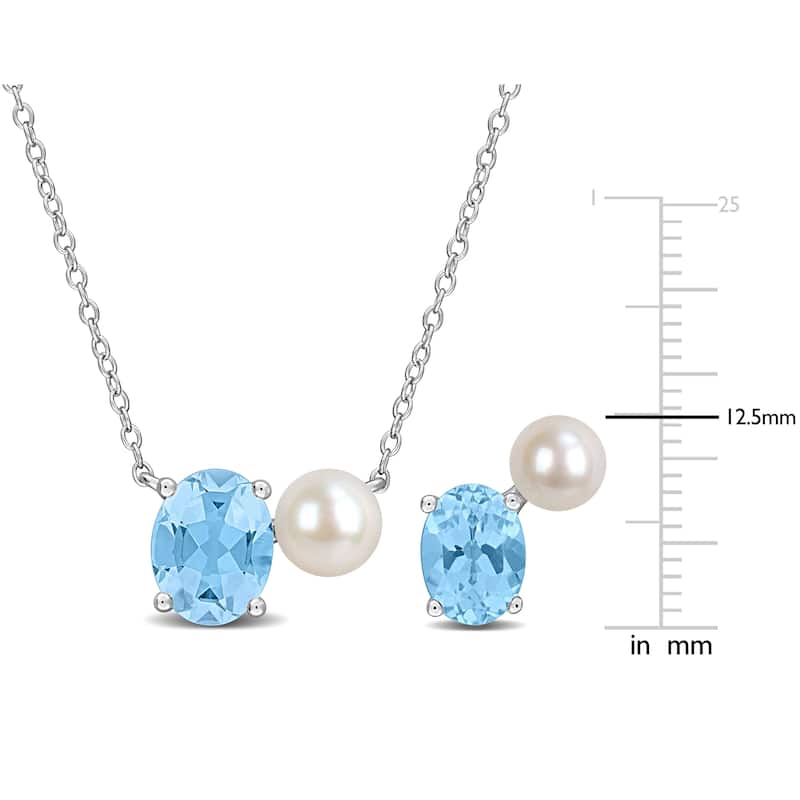 Miadora Cultured Freshwater Pearl 5.5ct TGW Sky Blue Topaz Earrings Necklace Set Sterling Silver