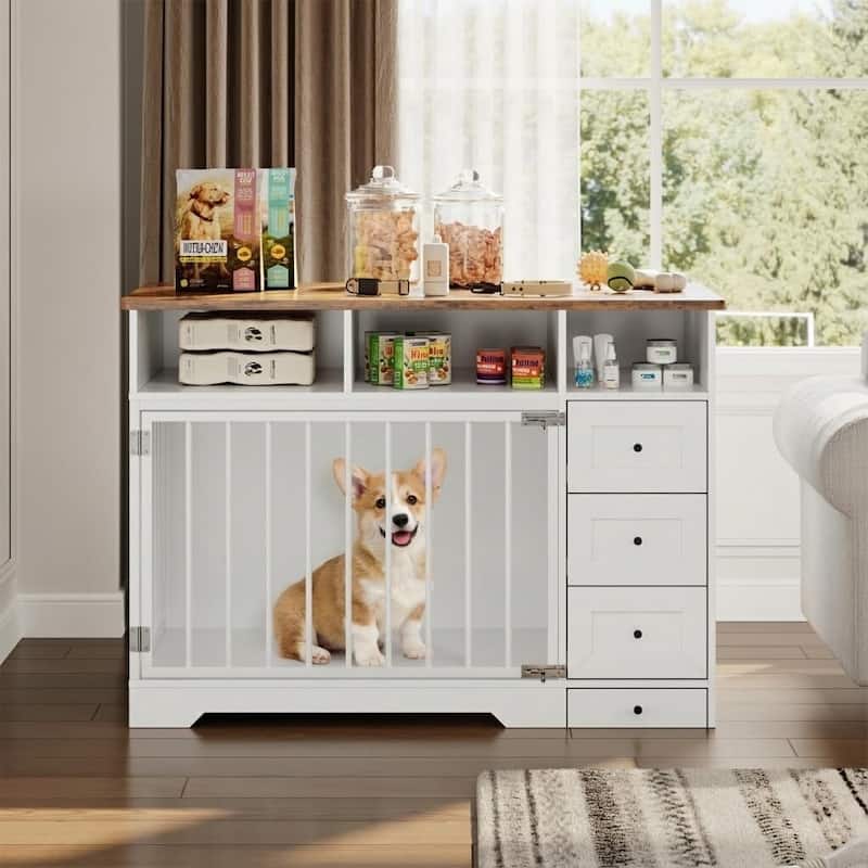 48 Inch Heavy-Duty Dog Crate Kennel for Small & Medium Dogs with Storage Shelves - White