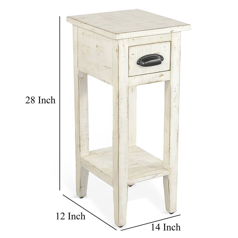 Rena Chairside Table, Drawer and Shelf, 14 Inch White Mahogany Wood