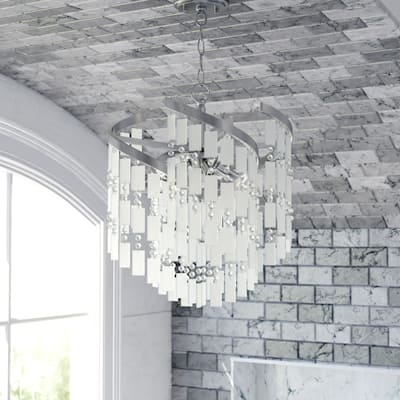Isabel 4L Satin Nickel Coastal Glam Pendant Chandelier Light with Capiz Shells and Crystal - 16-in W x 20.5-in H x 16-in D