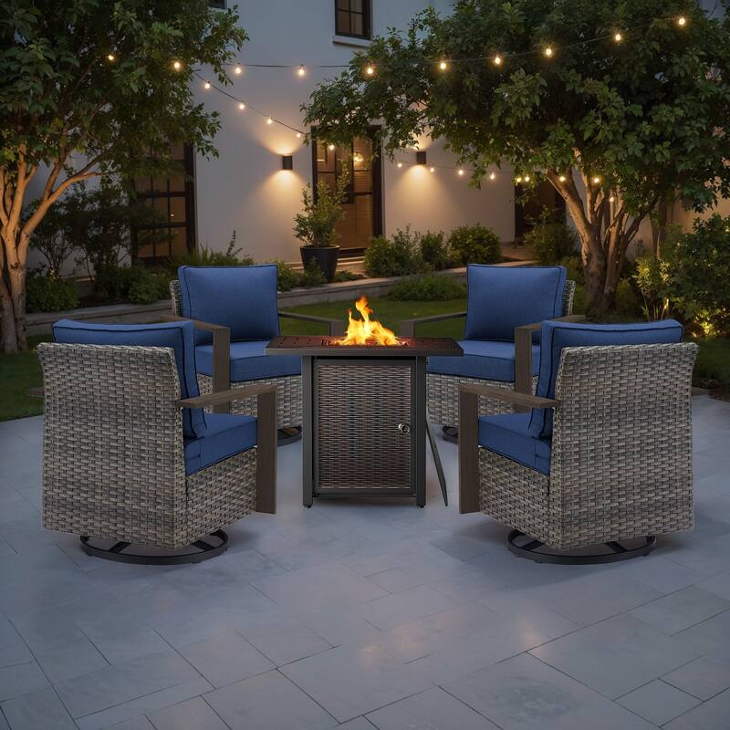 Meyreso 5-Piece Wicker Swivel Glider Metal Fire Pit Set with Plush 4.5" Olefin Cushions - Gray Wicker - Navy Blue Cushions
