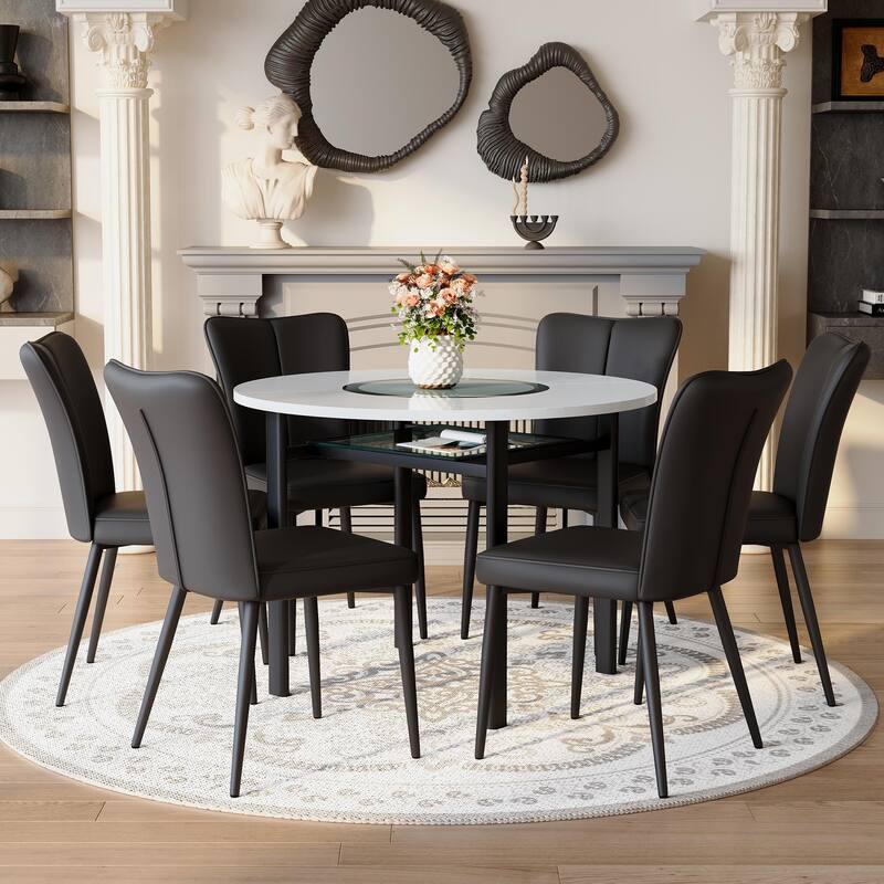 7 Piece Dining Table Set with 42 Inch Round Top Glass Insert and 6 PU Chairs Striped Backrest