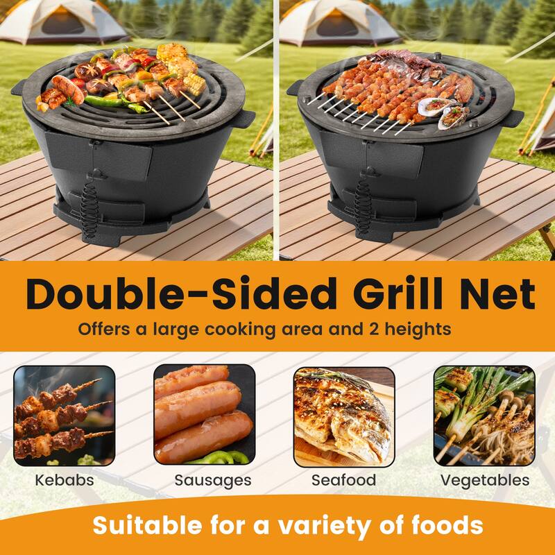 12" Round Portable Cast Iron Charcoal Grill Hibachi BBQ Stove for Camping or Picnics - 14" x 12.5" x 6.5"