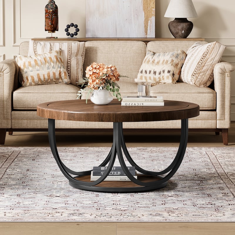 2-Tier Round Coffee Tables for Living Room, 31.5" Wooden Circle Accent Cocktail Table with Shelf - 35.4"L x 35.4"W x 17.3"H