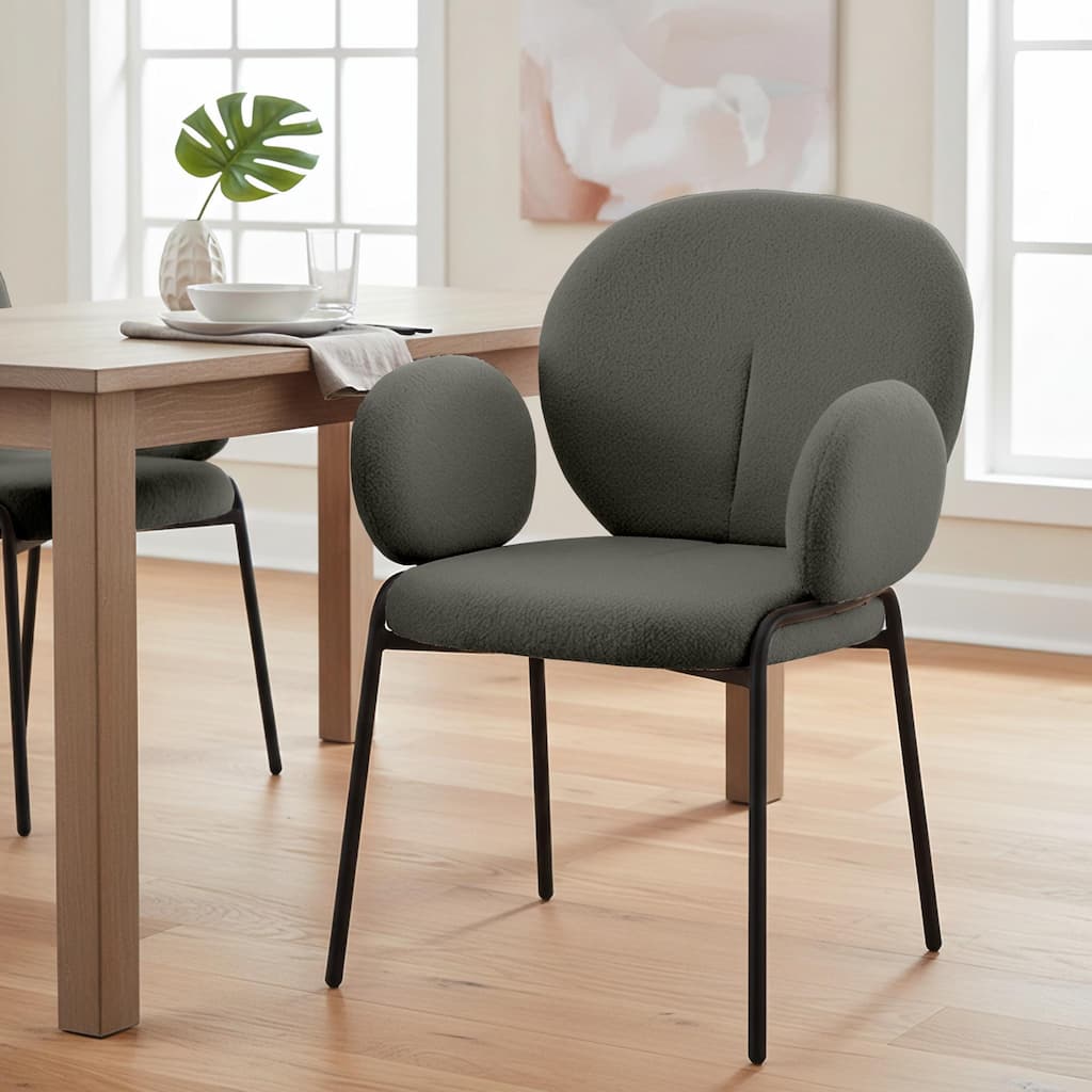 Celestial Modern Glam Boucle Dining Chair, with Armrest, Black Iron Frame - Accent Chair