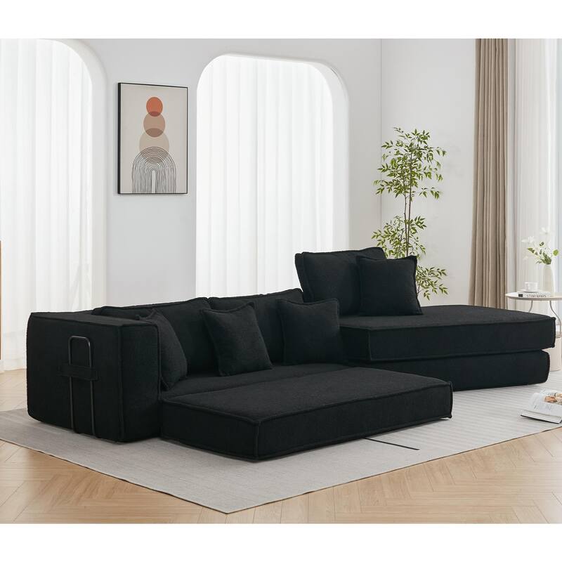 133" Lamb Velvet Convertible Sectional Sleeper Sofa with 7 Pillows