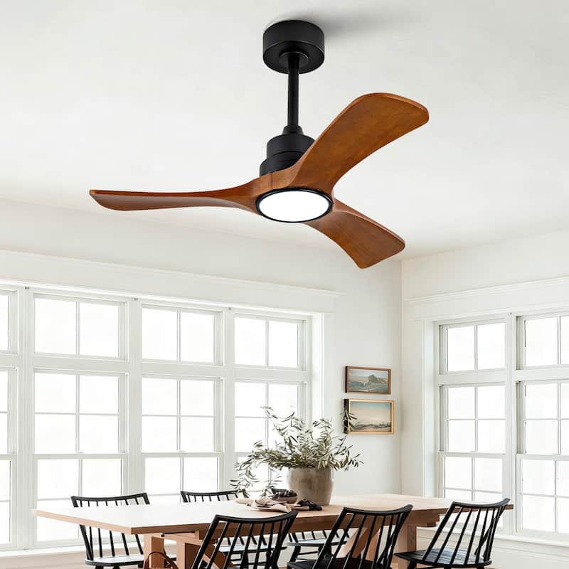 36-Inch Ceiling Fan Light with 6-Speed Remote Control, Black Three-Blade, Reversible Wooden Fan Blades, DC Motor