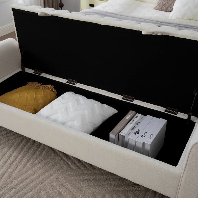 65.6"W Upholstered Storage Bench With Rolled Armrest, Rubberwood Legs