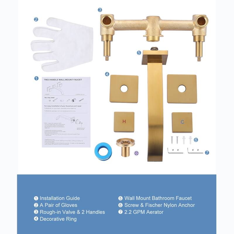 WOWOW Double Handle Wall Mounted Waterfall Bathroom Faucet