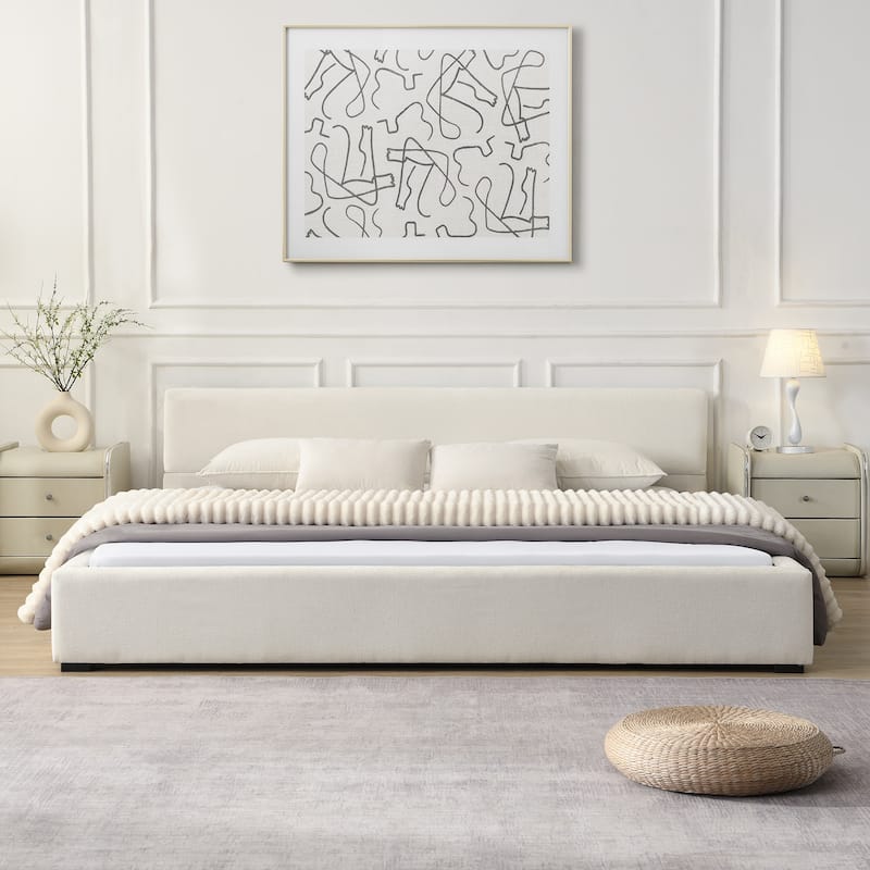 Christopher Knight Home-Zenobia Wide-Edge Polyester Upholstered Bed with Headboard - White - King