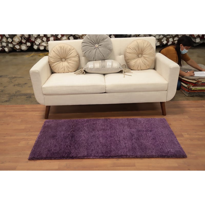 Hand Knotted Oriental 100% Wool Carpet Modern Solid Purples Gabbeh Runner Rug - 4' 7'' X 2' 4''