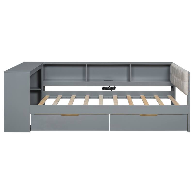 Wood Twin&Full Size Platform Bed with Storage Shelves, Drawers, Charging Station and Upholstered Headboard