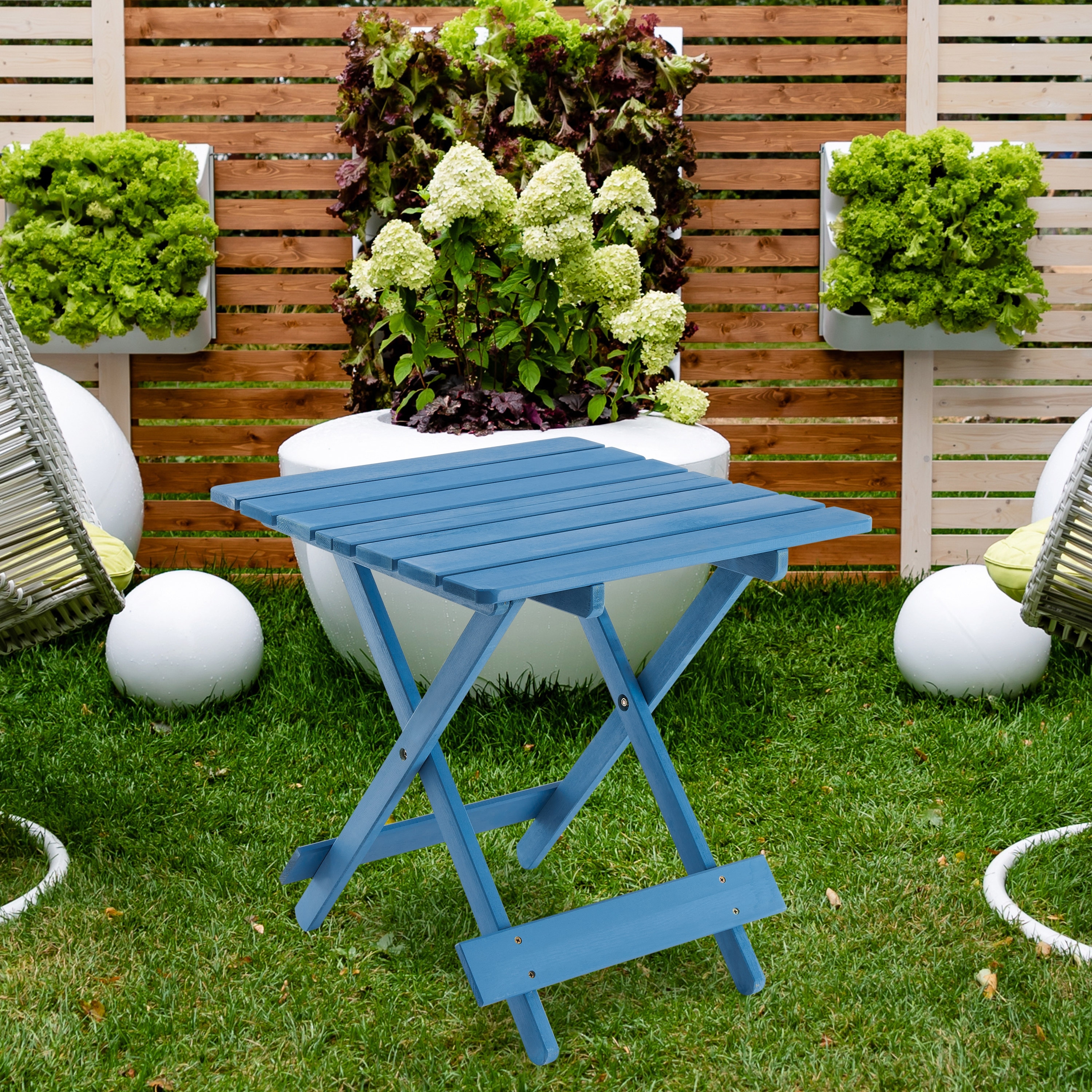 Acacia Wood Folding Table 20 Inch Square Blue Outdoor Patio Side