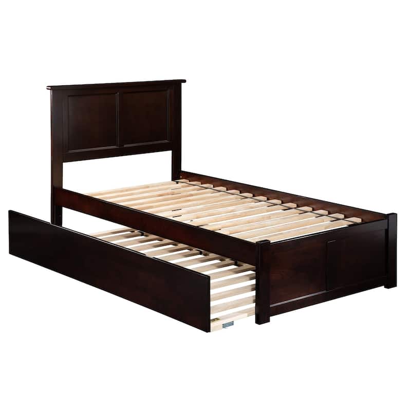 Twin Size Platform Bed with Trundle - Espresso Finish, Modern Design, Space Saving Furniture
