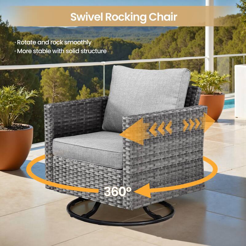 XIZZI 8-piece Patio Outdoor Wicker Furniture Swivel Chair Set with Firepit Table