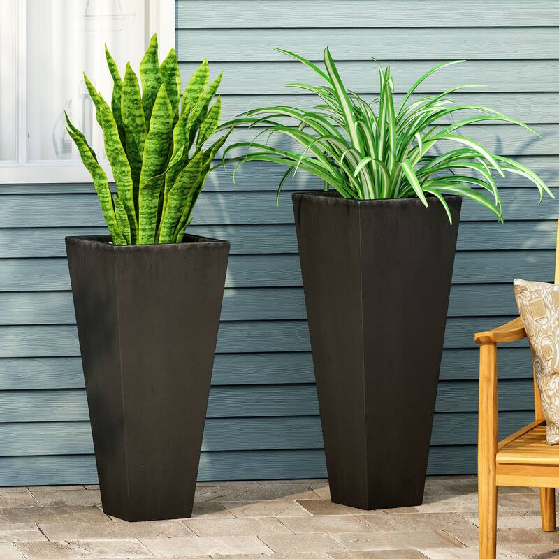 Ella Outdoor Modern Large and Medium Cast Stone Planter Set by Christopher Knight Home - Matte Black