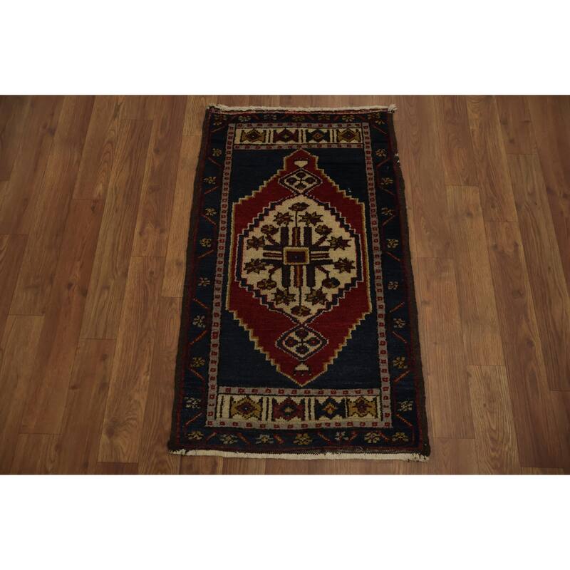 Hand Knotted Oriental 100% Wool Carpet Transitional Geometric Navy Blue & Blues Anatolian Area Rug - 2' 10'' X 1' 9''