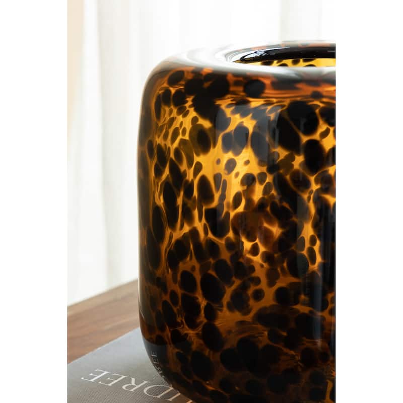 Brown and Amber Glass Vase with Cheetah Motif, Short, 7.9x7.9"
