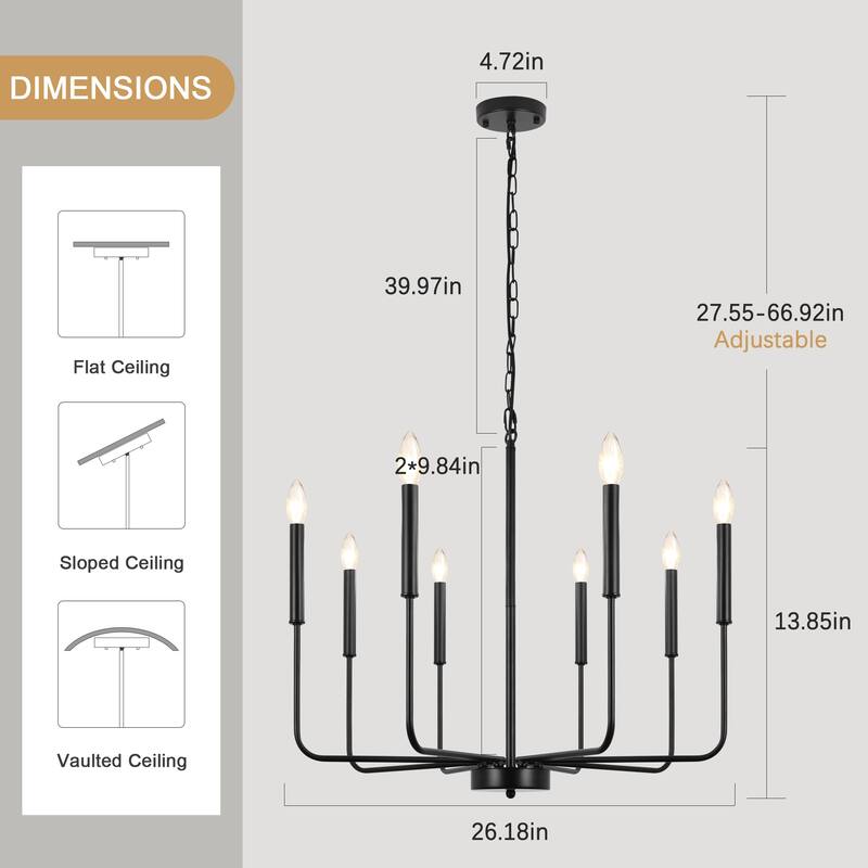 8-Light Modern Farmhouse Candle Chandelier for Kitchen Island Living Dining Room Bedroom