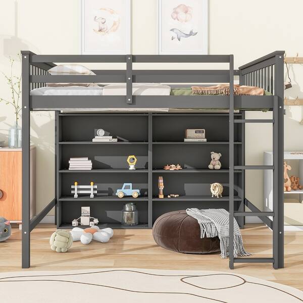 slide 2 of 14, Full Size Wooden Loft Bed with Open Storage Shelves and Ladder,Minimalist Style Gray
