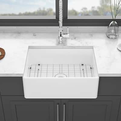 28 Inch Kitchen Sink Ceramic Single Bowl with Drain Assembly and Bottom grid