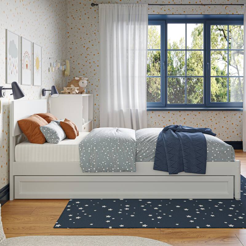 Wesley Twin Platform Bed with Panel Footboard & Twin Trundle in White