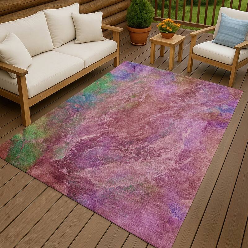 Machine Washable Indoor/ Outdoor Abstract Watercolor Chantille Rug