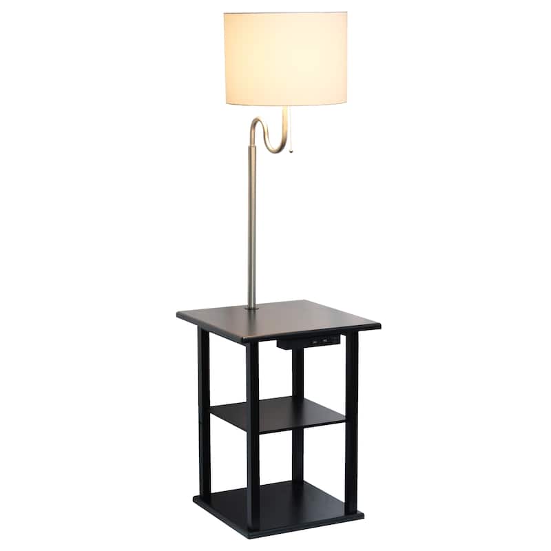 2 Tier End Table Floor Lamp with White Drum Shade - 57" - Black