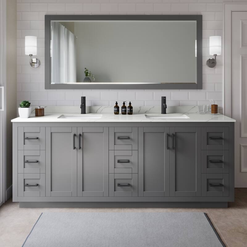 Wyndham Collection WCF292984D-QTZ-UNSM70 Miranda 84" Free Standing - Dark Gray / Giotto Quartz Top / Matte Black