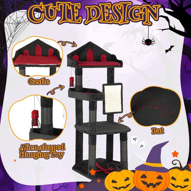 49in Gothic Cat Tree Black Cat Tower with Throne Goth Bed
