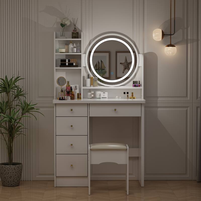 31.5" Wide Makeup Vanity Set with Stool, Mirror,3 Color Light - 31.5"W - White