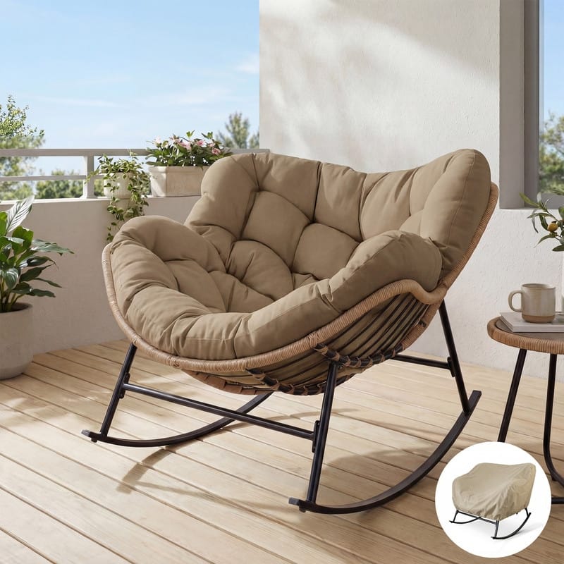 Oversized Indoor Outdoor Royal Papasan Rocking Chair, Patio Egg Rocker with Cushions, 450 lb Capacity - 1PC-Brown w/ Cover