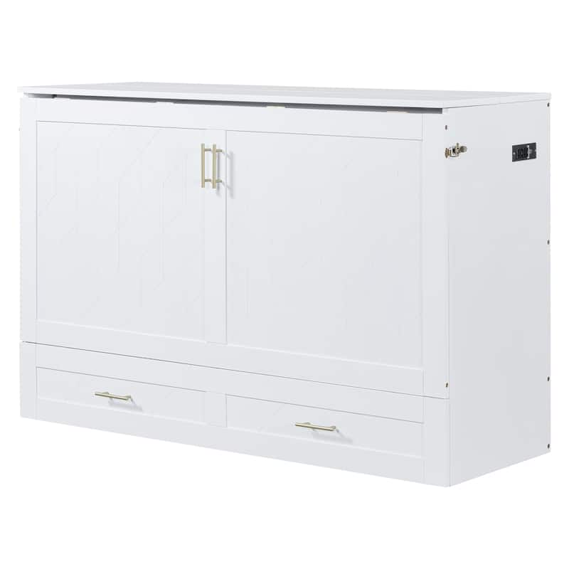 Queen Size Murphy Bed with Pulley System, Storage Drawer, USB Ports, and Sockets, Space-Saving