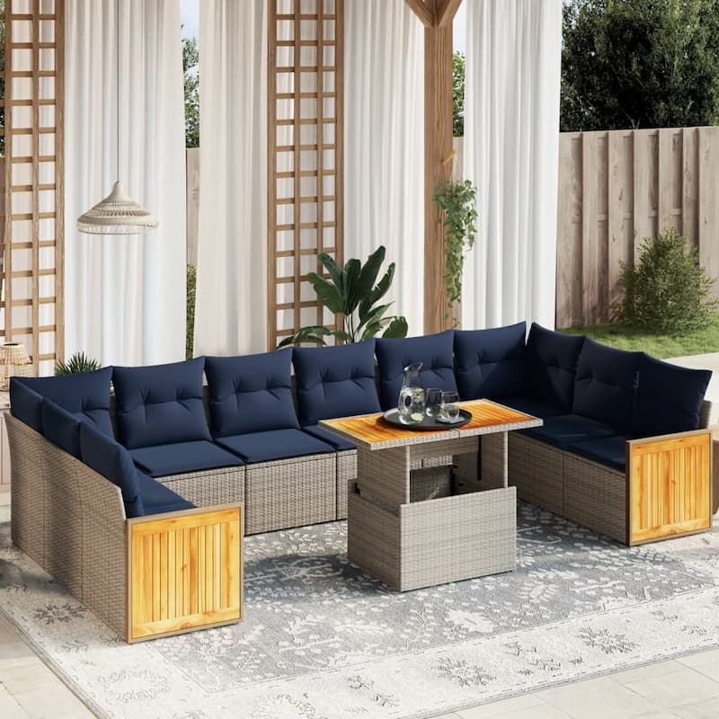 vidaXL 11 Piece Patio Sofa Set with Cushions Black/Gray Poly Rattan - 21.7 x 24.4 x 27.2 - Gray